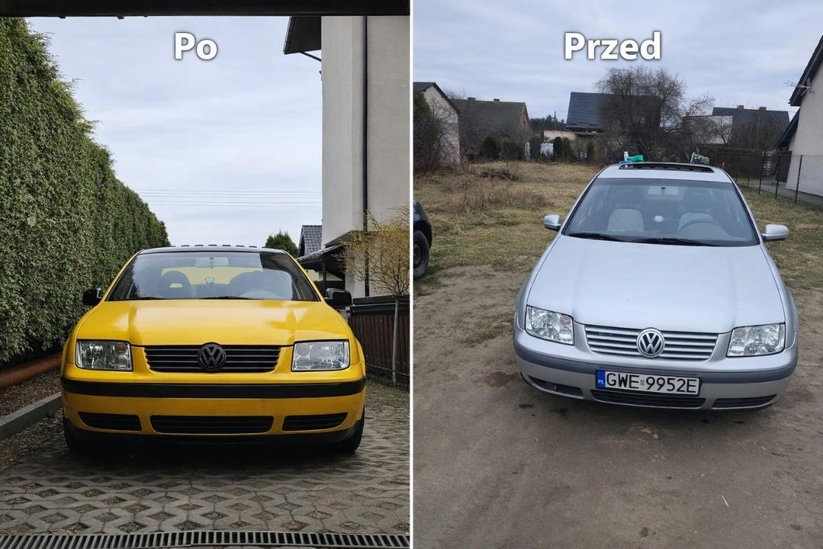 VW Bora before and after a colour change from silver to yellow with ARMOR coating